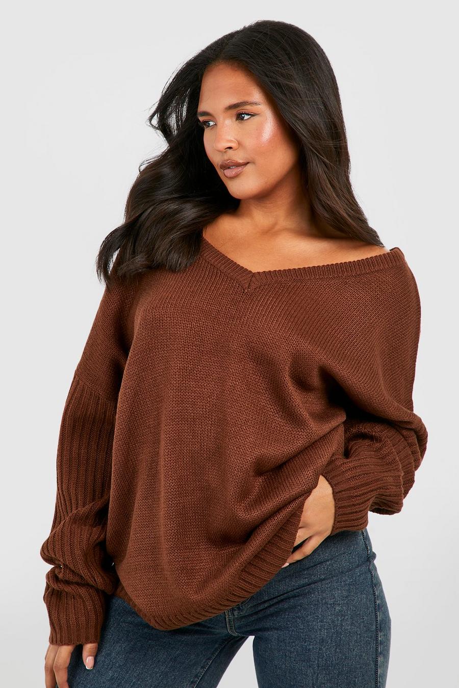 Brown Plus V Neck V Back Oversized Sweater
