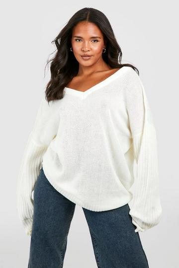 Cream White Plus V Neck V Back Oversized Sweater