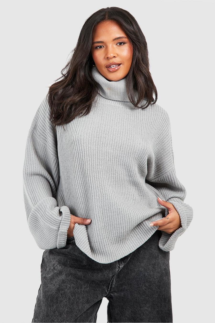 Grey Plus Chunky Turtleneck Oversized Sweater image number 1