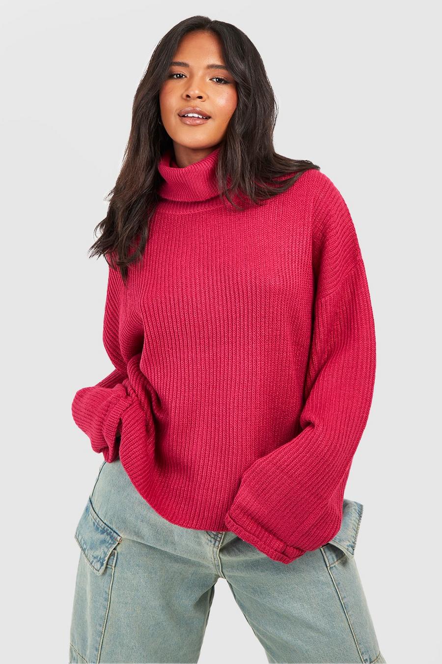 Maglione Plus Size oversize a collo alto in maglia spessa, Raspberry image number 1