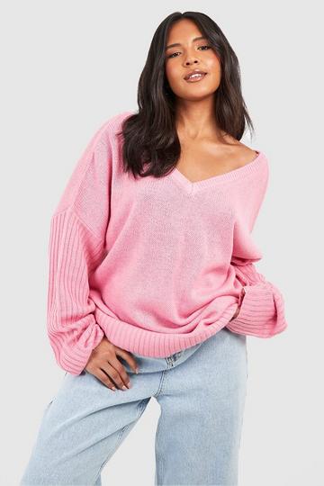 Pink Plus V Neck V Back Oversized Sweater