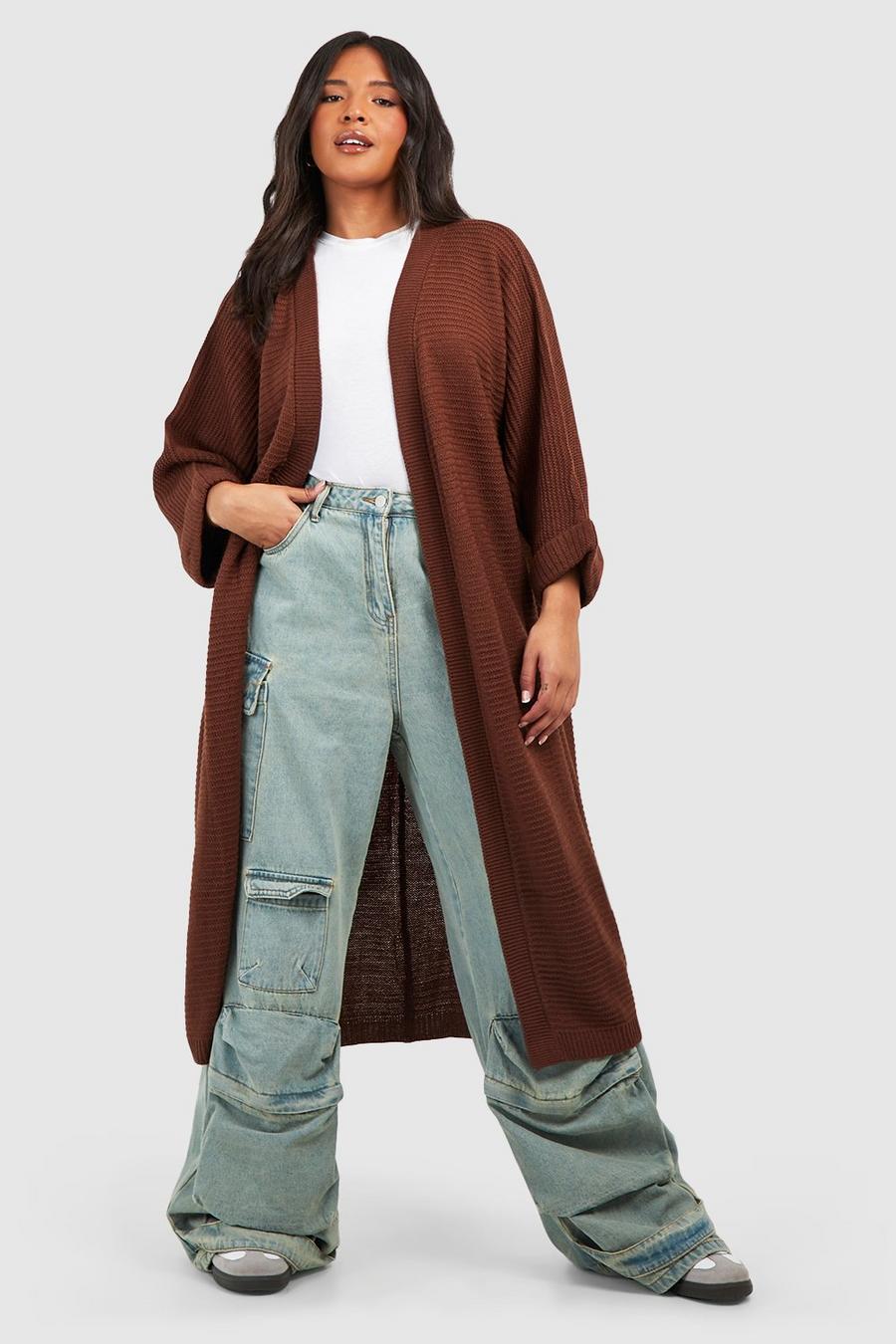 Brown Plus Cocoon Oversized Rib Knit Cardigan  image number 1