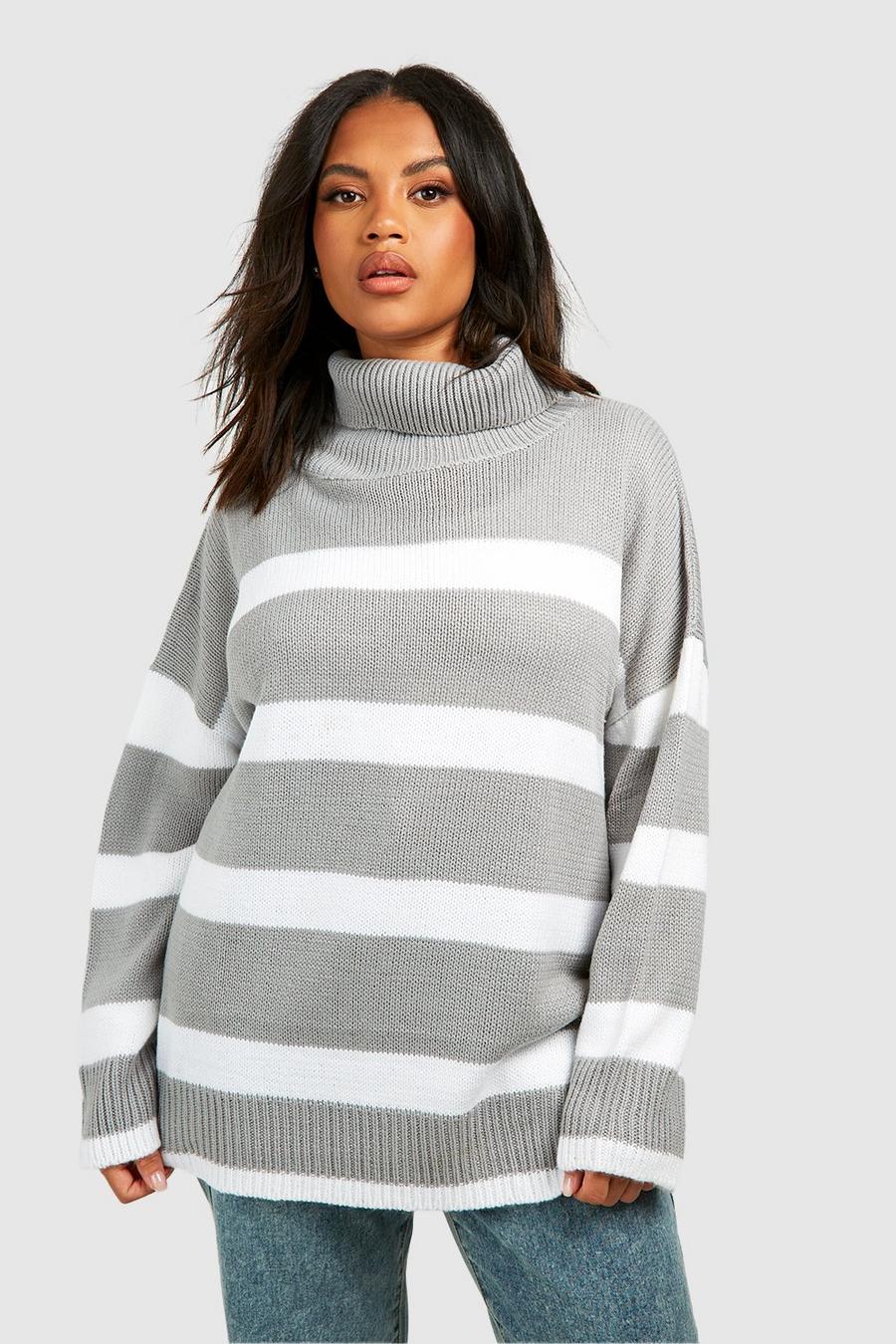 Grey Plus Stripe Oversized Knitted Jumper image number 1