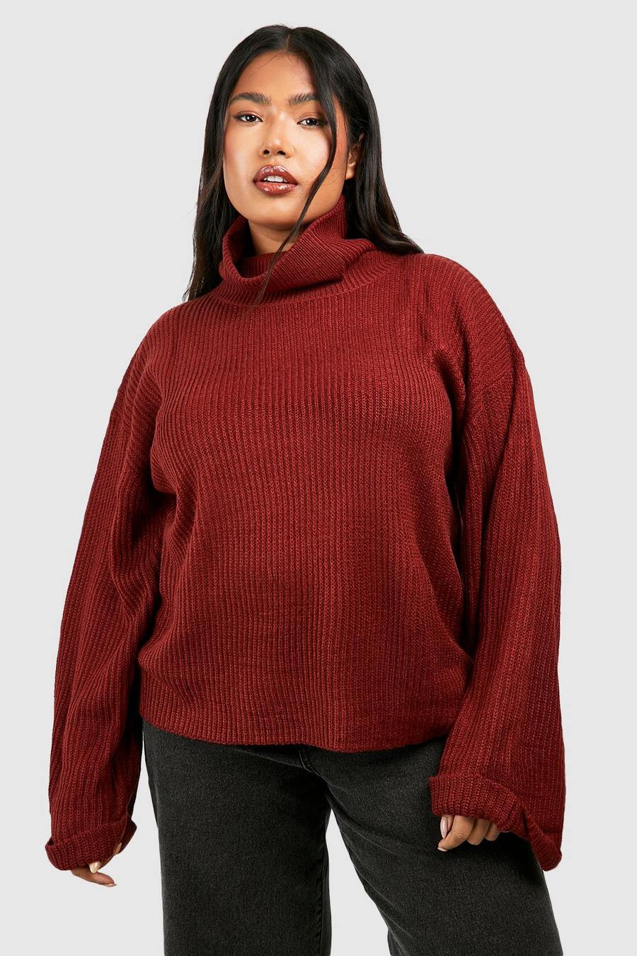 Maglione Plus Size oversize a collo alto in maglia spessa, Brick image number 1