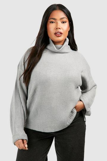 Grey Plus Chunky Roll Neck Oversized Jumper