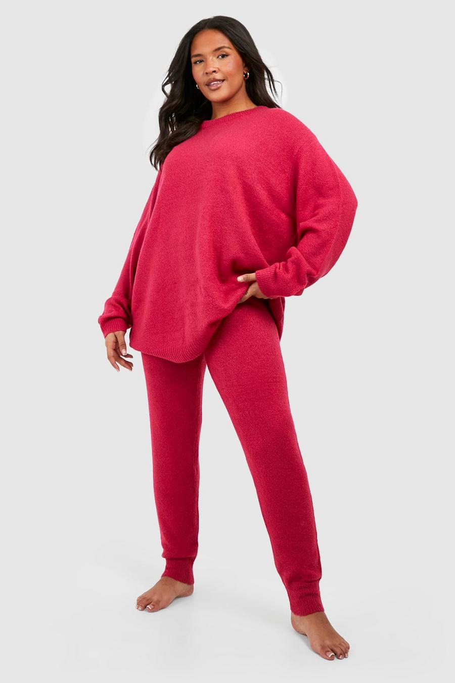 Raspberry  Plus Knitted Crew Neck Jumper Lounge Set 