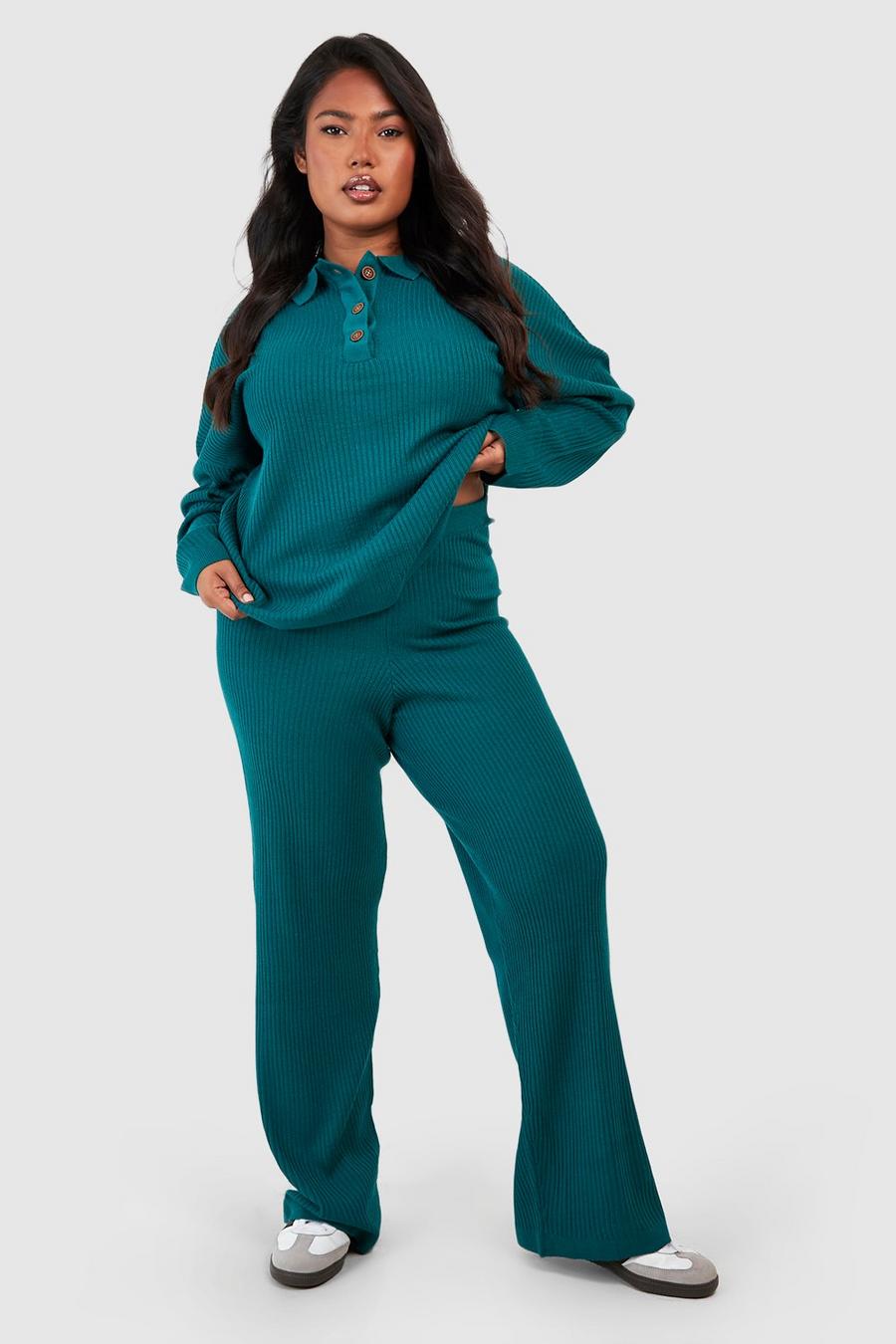 Set Plus Size top in maglia con bottoni & pantaloni, Jade image number 1