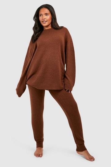 Brown Plus Knitted Crew Neck Sweater Lounge Set