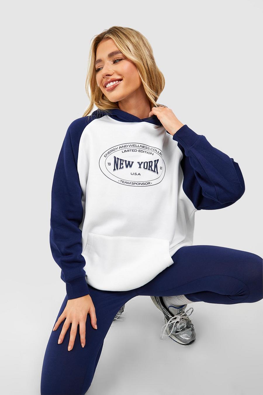 Sudadera oversize con capucha, colores en bloque y eslogan de New York, Navy image number 1