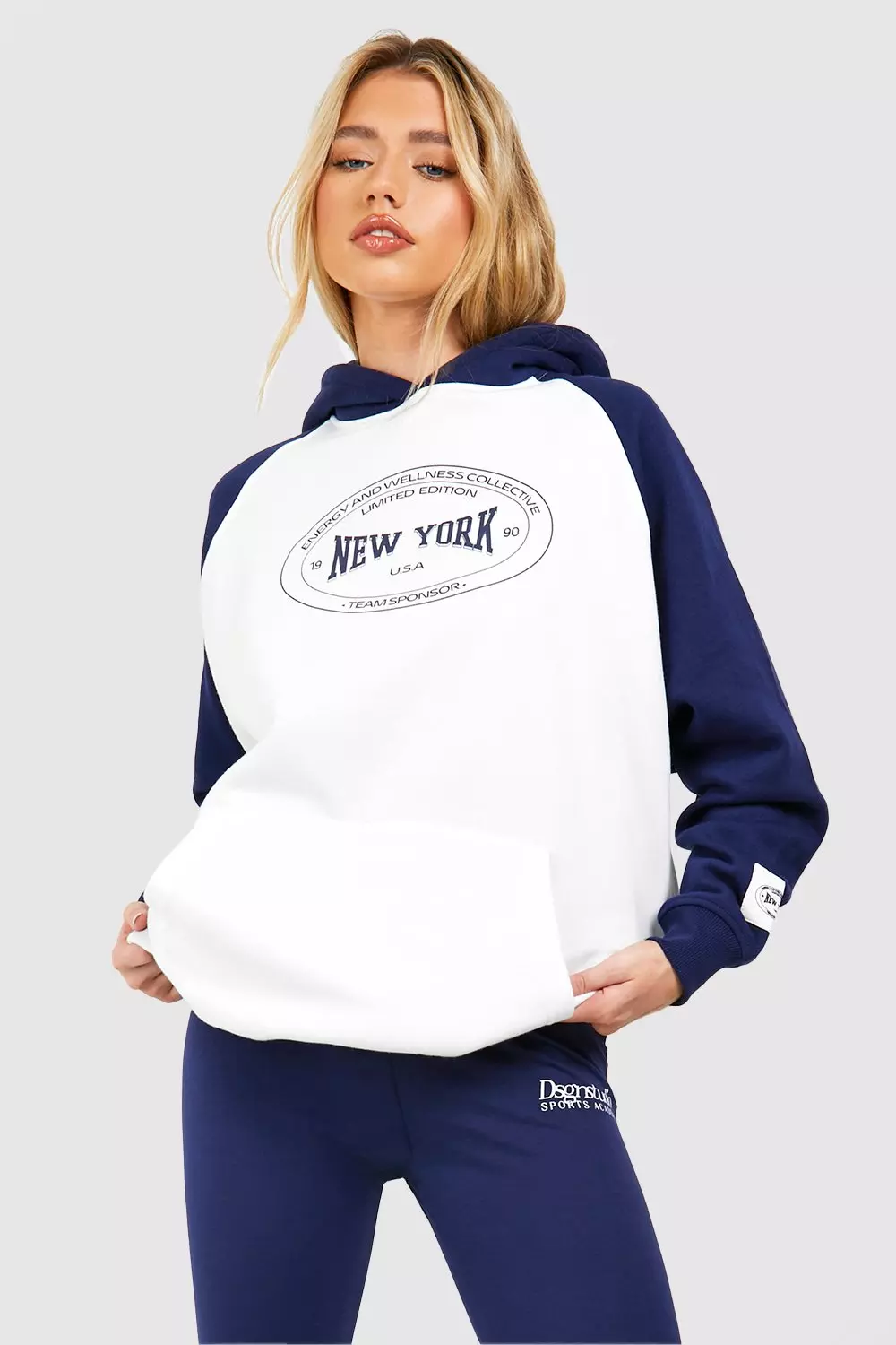 Navy New York Slogan Colour Block Oversized Hoodie   alternative image