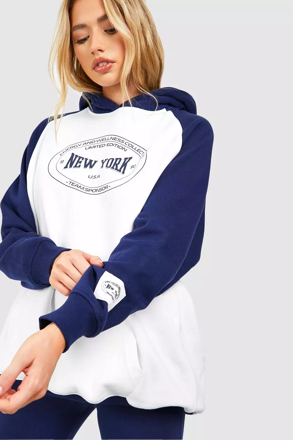 Navy New York Slogan Colour Block Oversized Hoodie   alternative image
