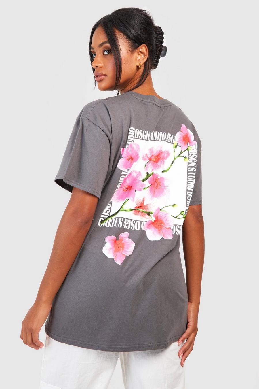Charcoal grå Oversized Dsgn Studio Floral Back Print T-shirt