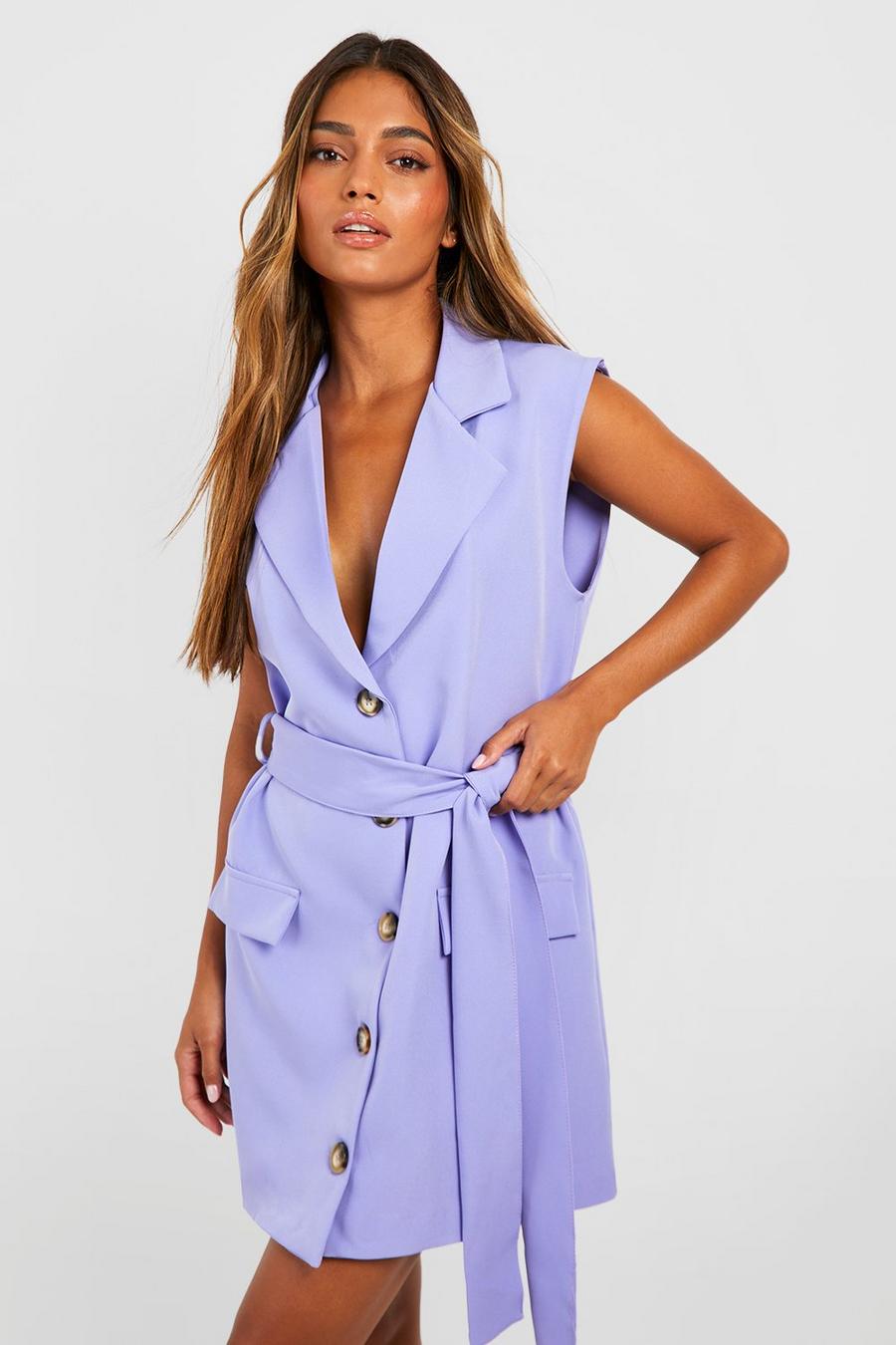Lilac violet Mock Horn Tie Waist Sleeveless Tailored Blazer Dress