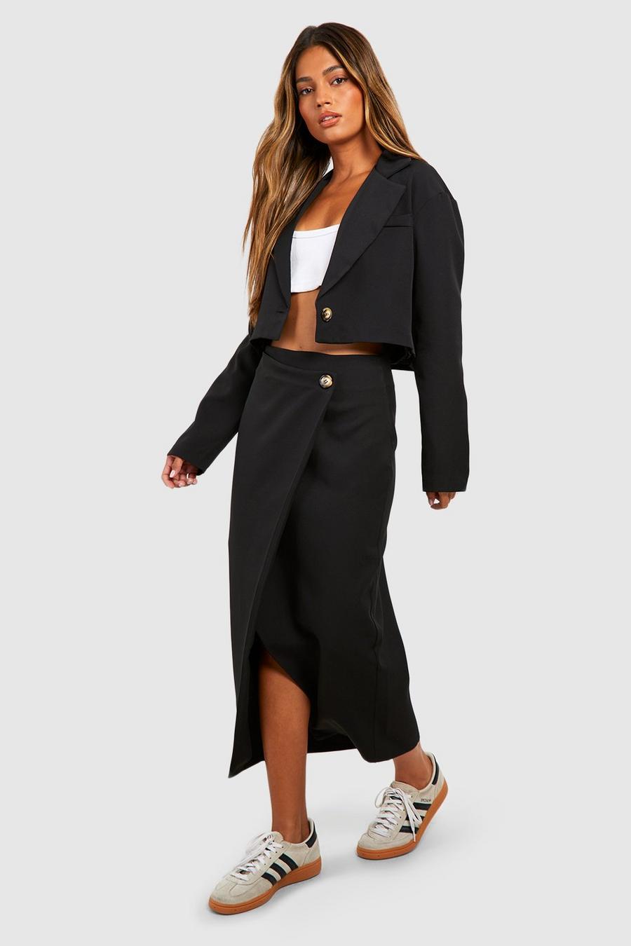 Black Mock Horn Wrap Front Tailored Midaxi Skirt