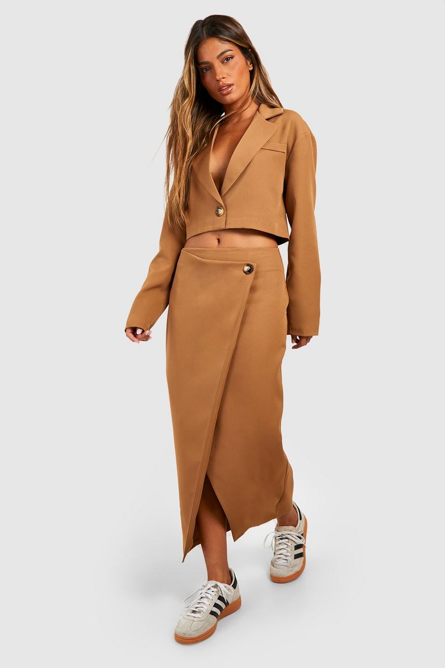 Camel beige Mock Horn Wrap Front Tailored Midaxi Skirt image number 1