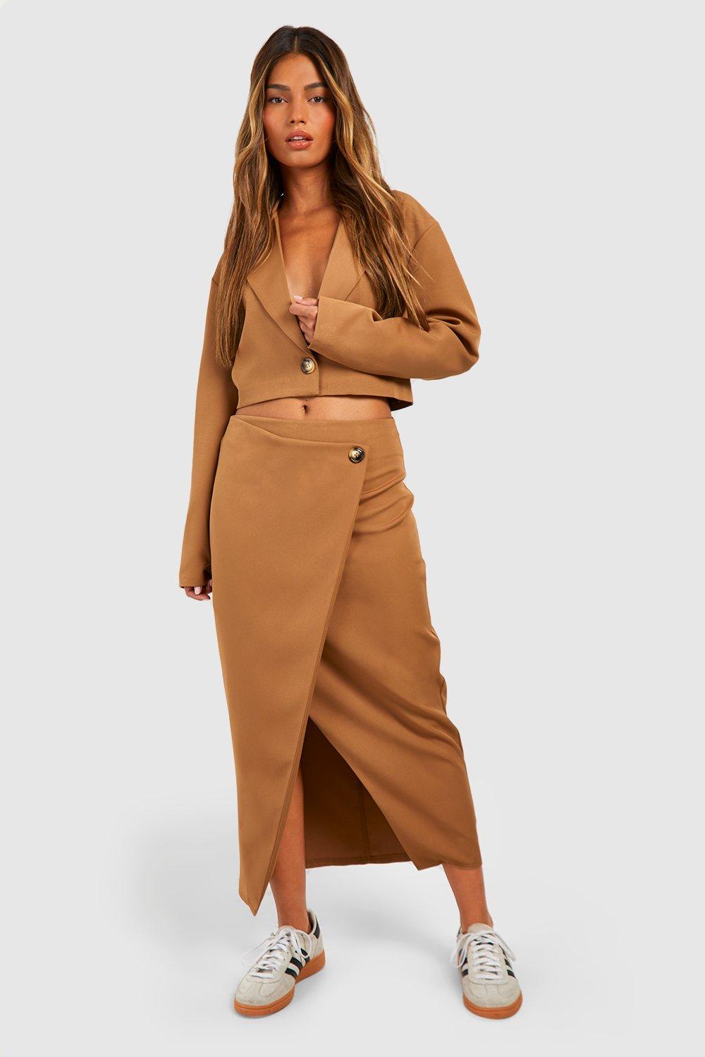 Mock Horn Wrap Front Tailored Midi Skirt