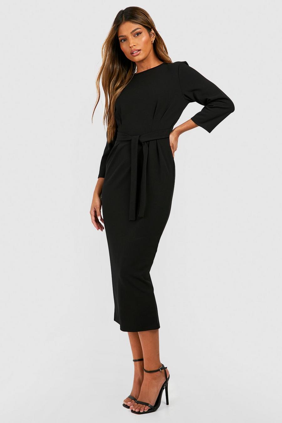 Black Crepe Pleat Front 3/4 Sleeve Belted Midaxi Dress
