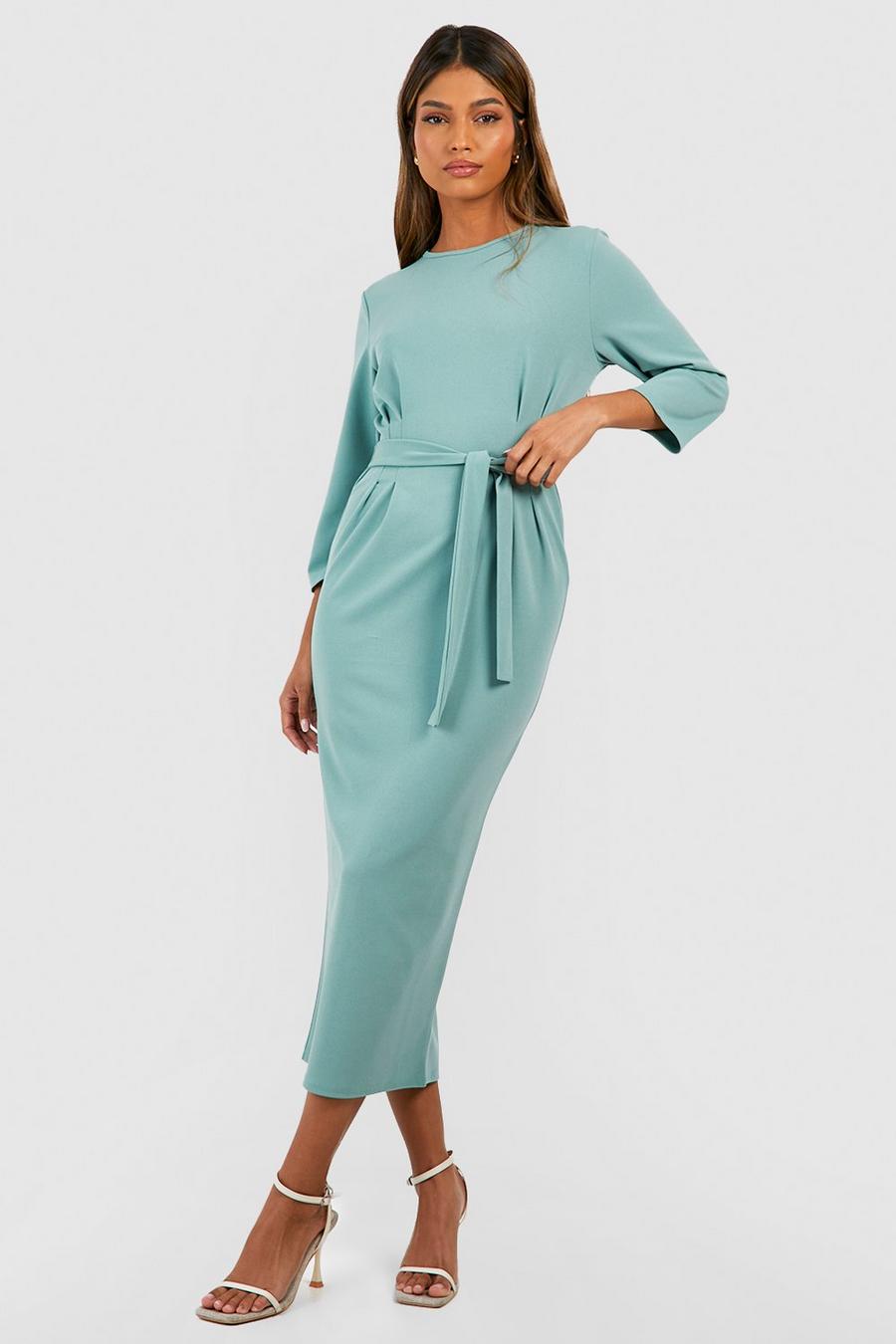 Sage Crepe Pleat Front 3/4 Sleeve Belted Midaxi Dress
