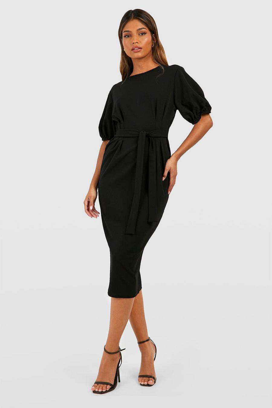 Black Crepe Pleat Front Puff Sleeve Belted Midaxi Dress