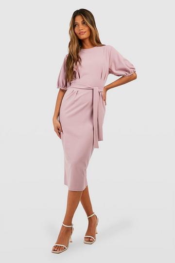 Crepe Pleat Front Puff Sleeve Belted Midi Dress mauve