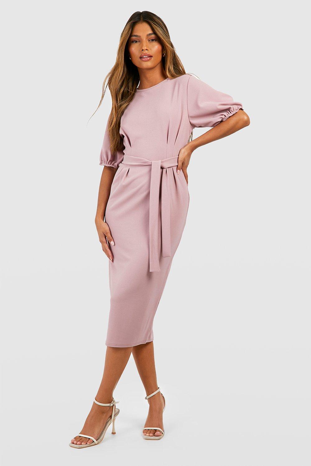 Crepe Pleat Front Puff Sleeve Belted Midi Dress