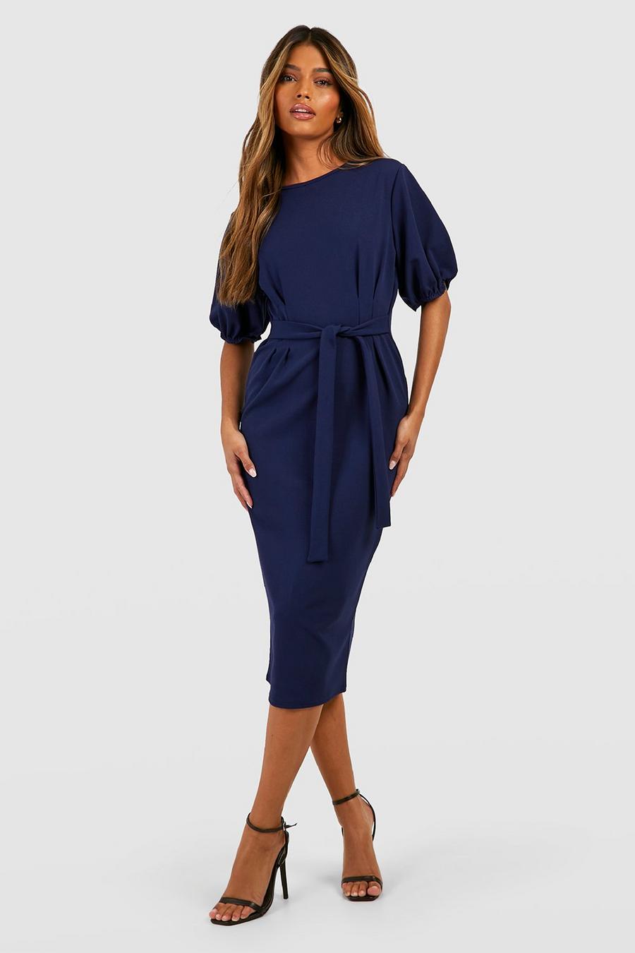 Navy Crepe Pleat Front Puff Sleeve Belted Midaxi Dress image number 1