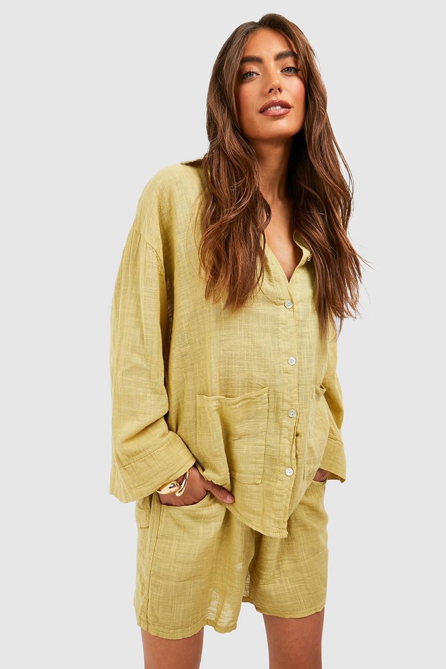 Camisa oversize texturizada de algodón ligero, Olive image number 1