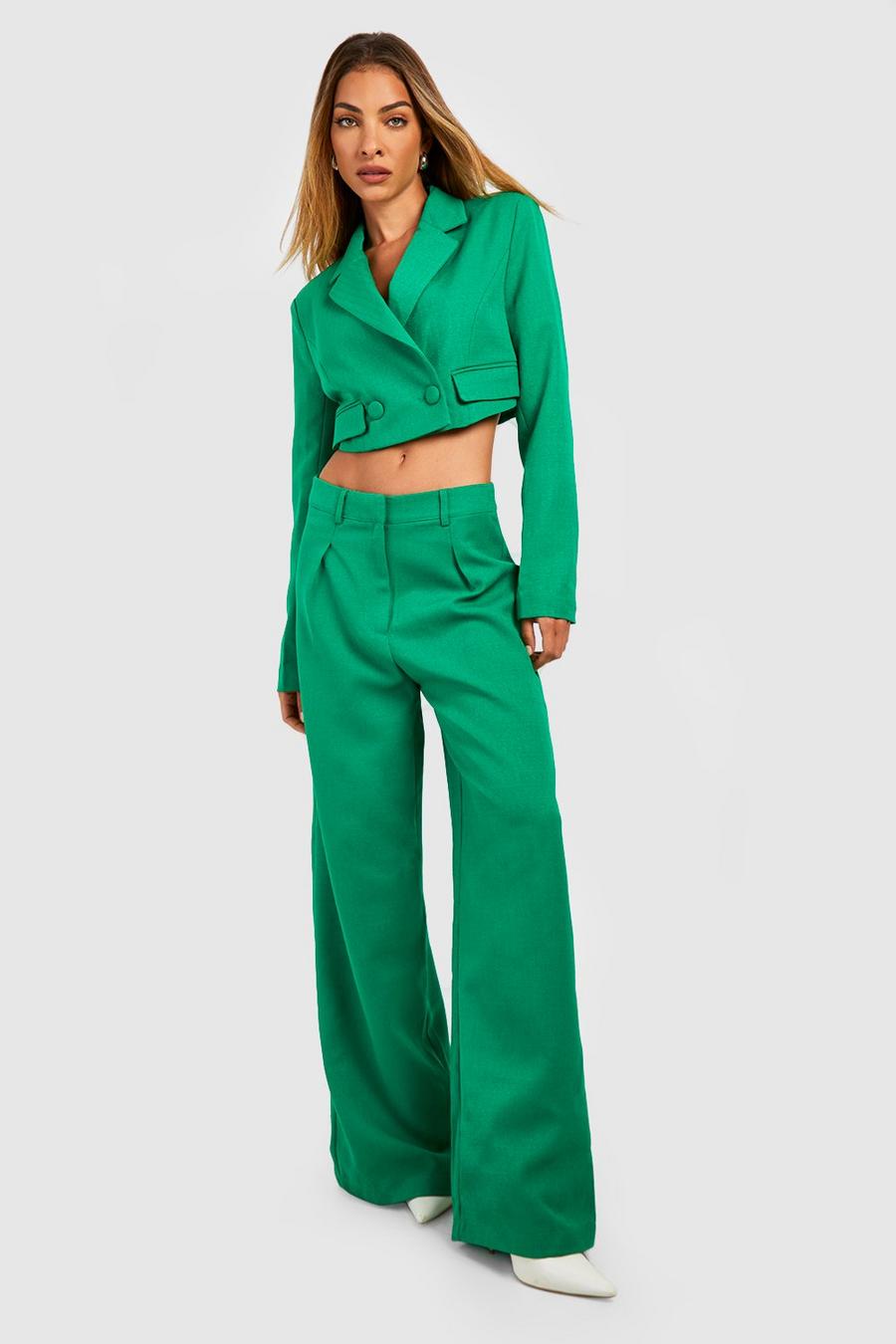 Bright green vert Textured Pleat Front Wide Leg Tailored Trousers