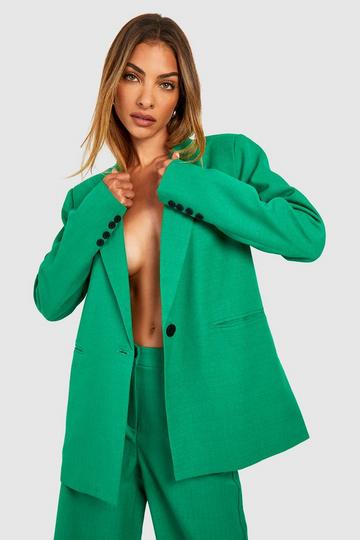 Green Textured Contrast Button Tailored Blazer