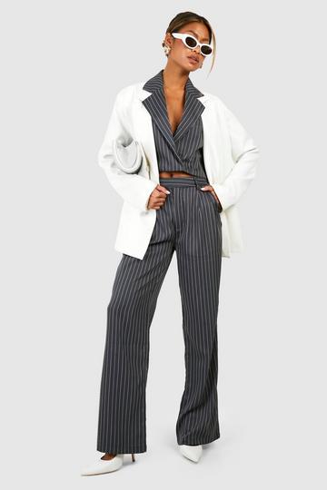 Grey Pinstripe Pleat Front Wide Leg Dress Pants