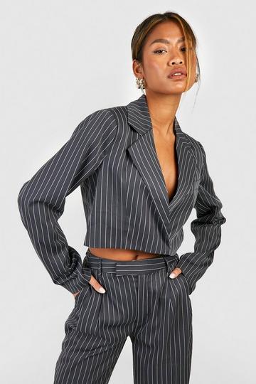 Tonal Pinstripe Boxy Crop Blazer dark grey