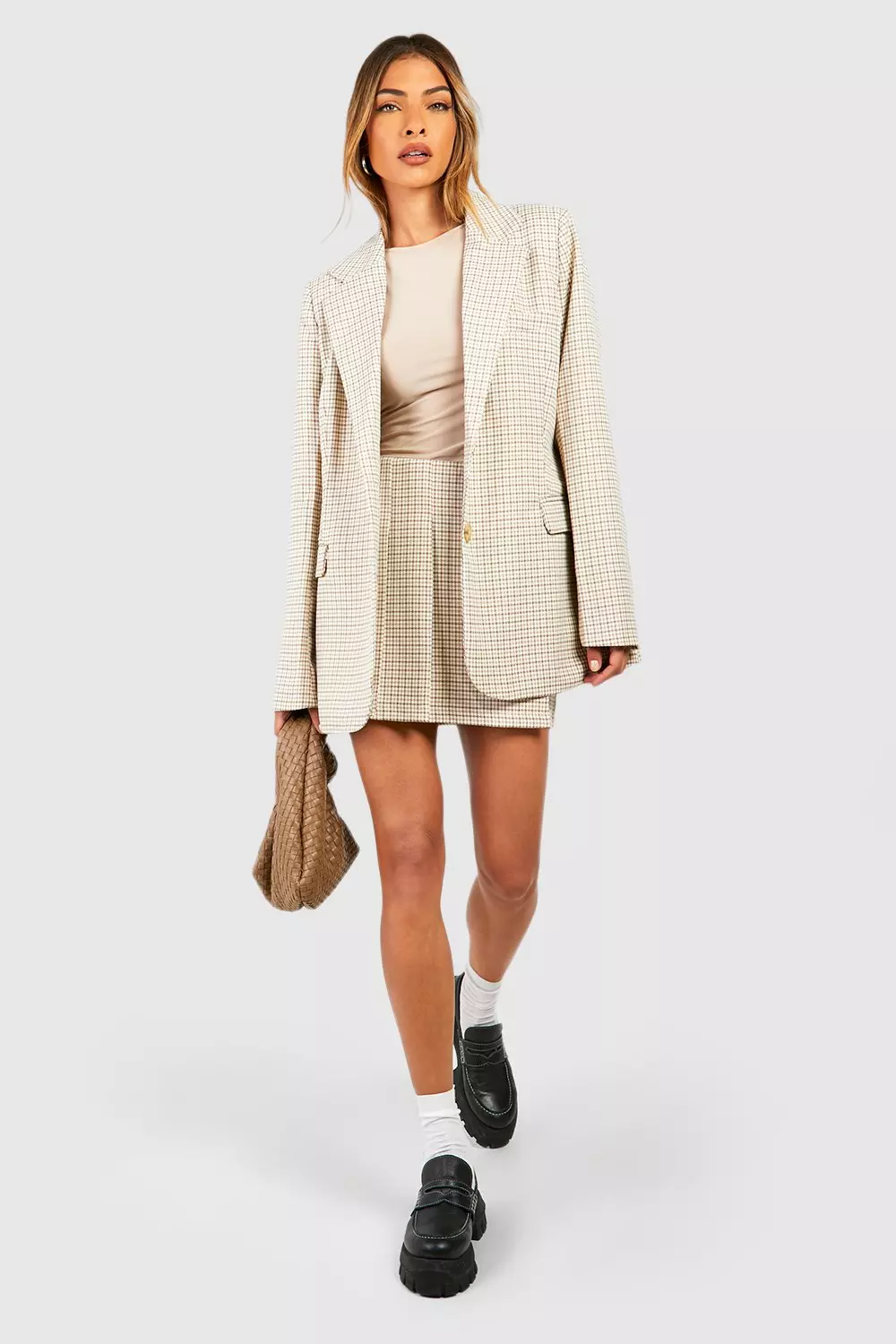 Stone Tonal Textured Check Relaxed Fit Blazer alternative image