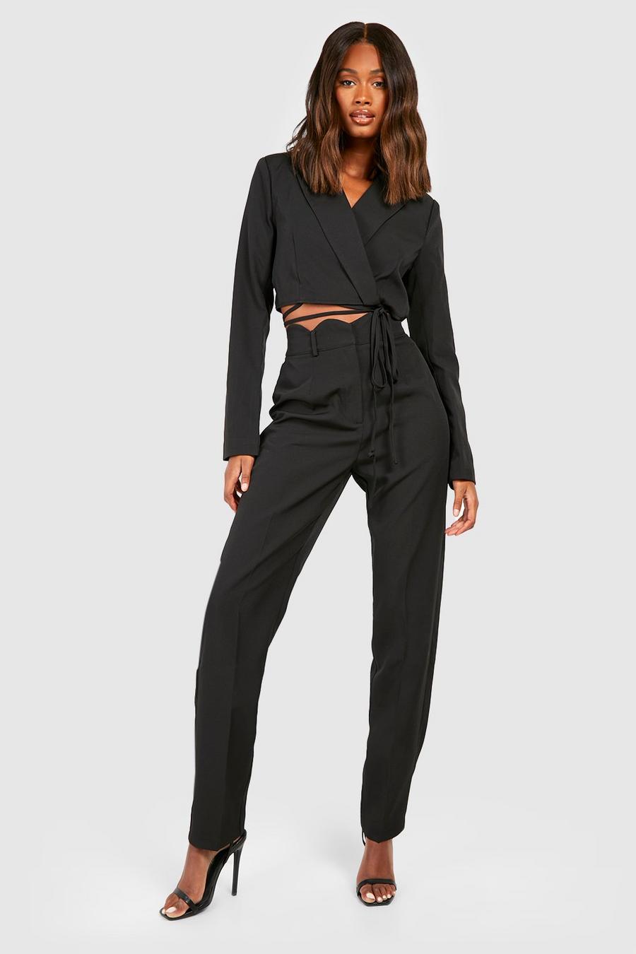 Black Scalloped Waist Straight Leg Tailored Trousers  image number 1