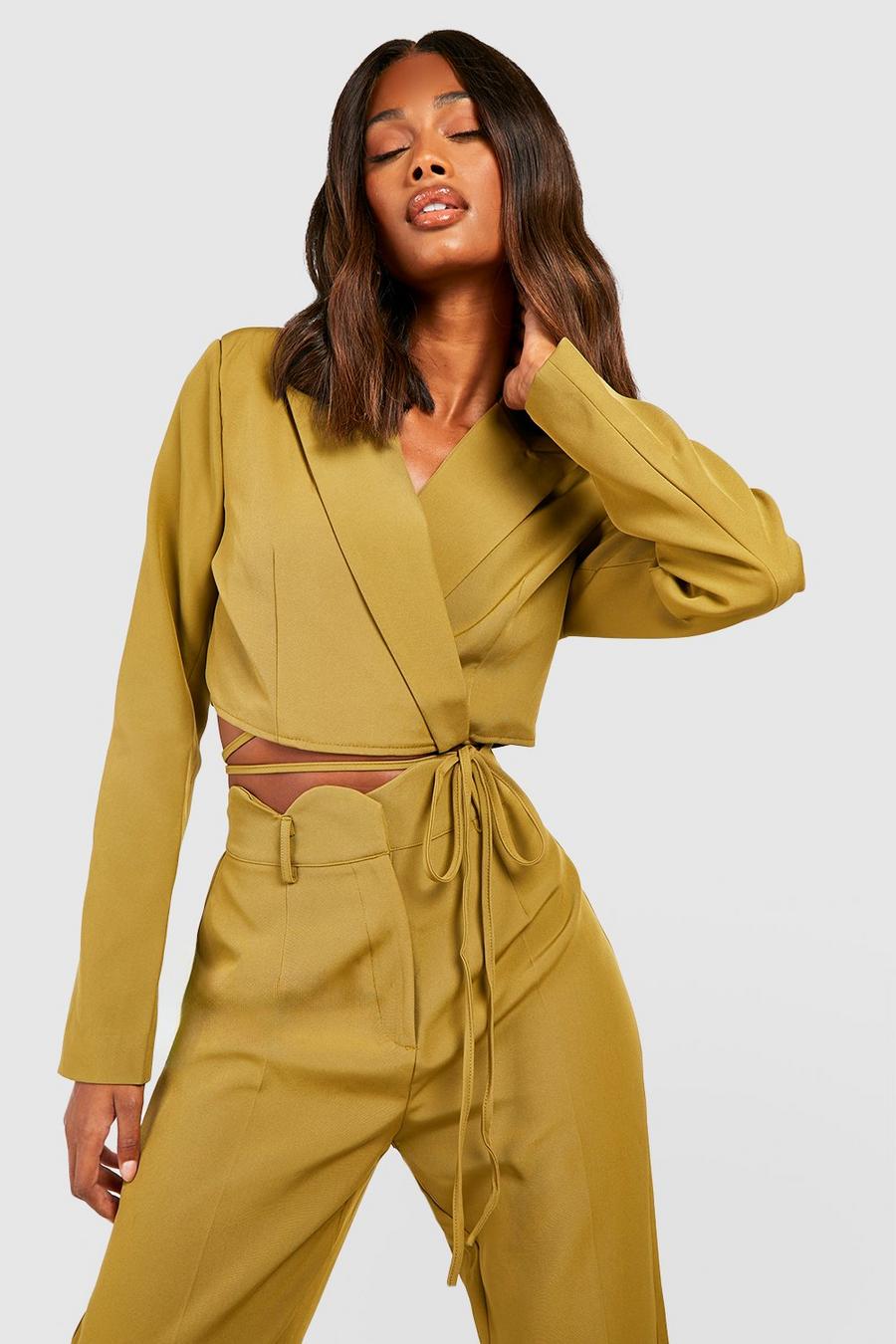 Olive Tie Waist Cropped Tailored Blazer image number 1