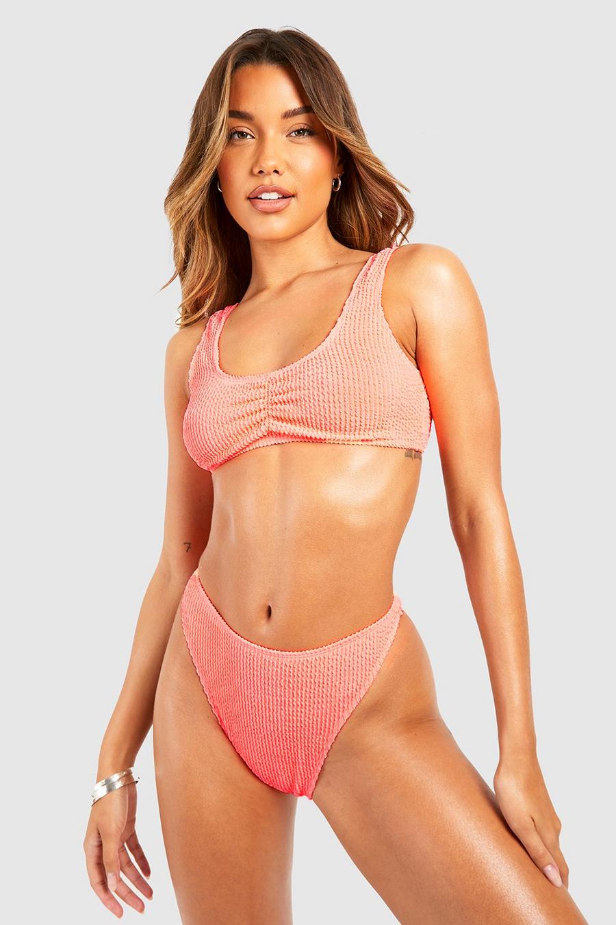 Coral Crinkle Ruched Front Bikini Set
