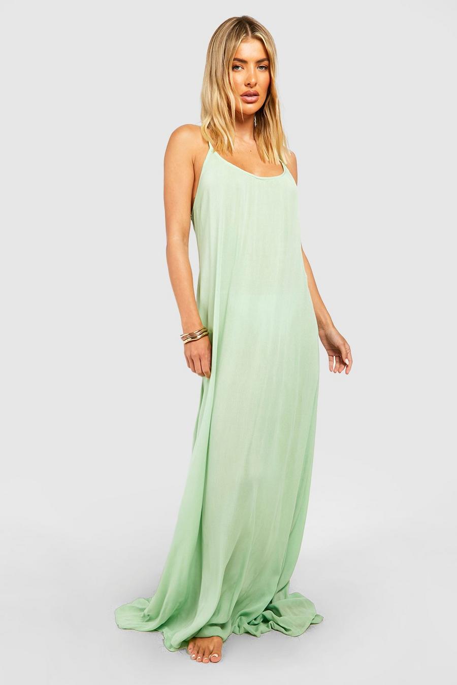 Green Crinkle Low Back Maxi Beach Dress image number 1