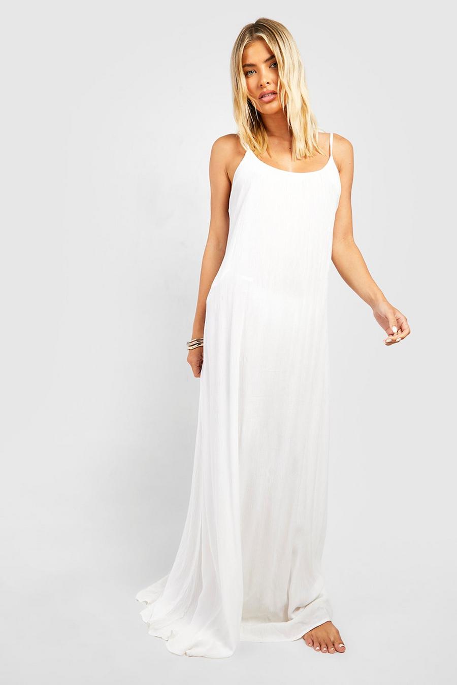 White Crinkle Low Back Maxi Beach Dress image number 1