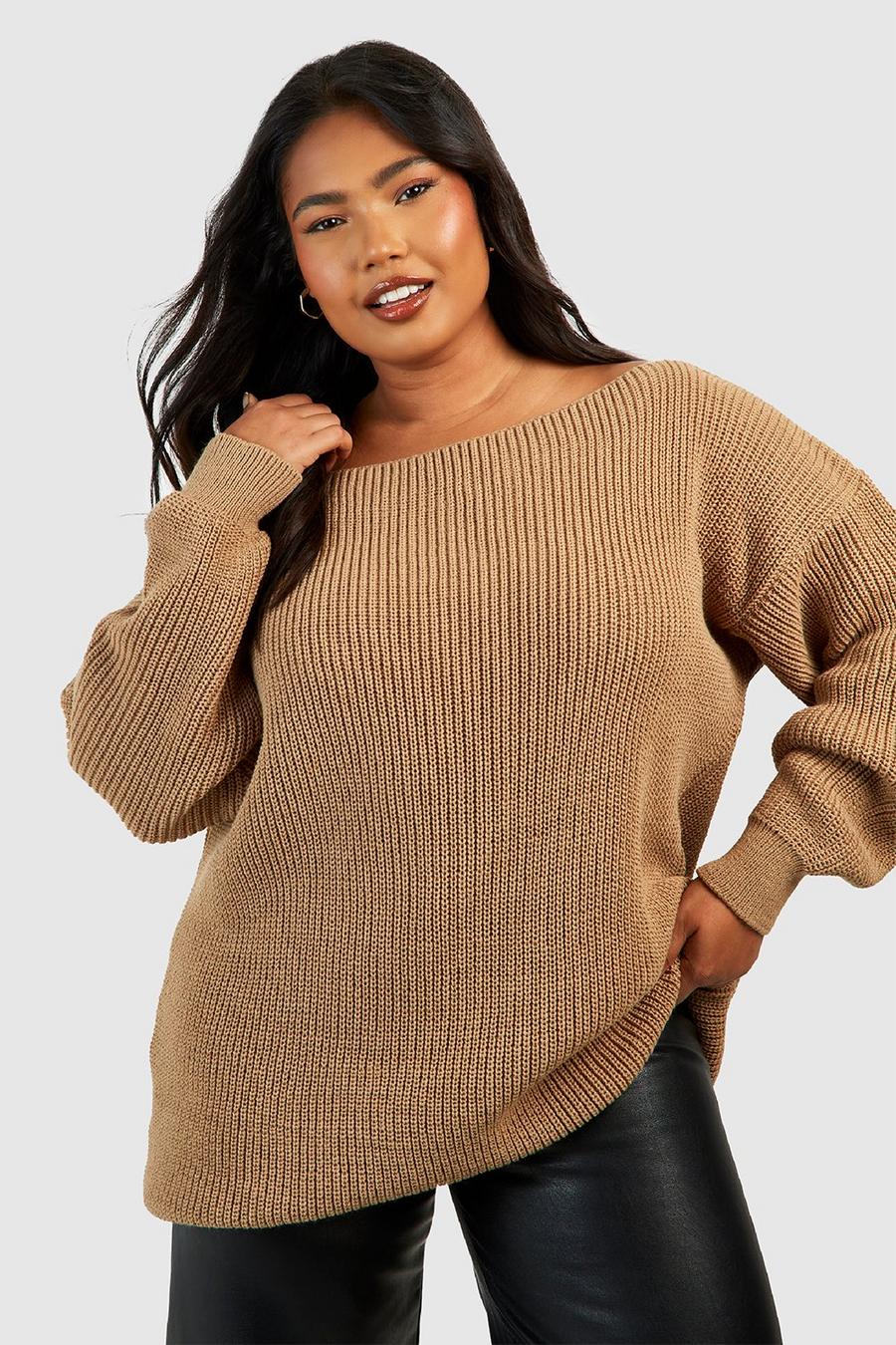 Taupe Plus Boat Neck Longline Sweater image number 1