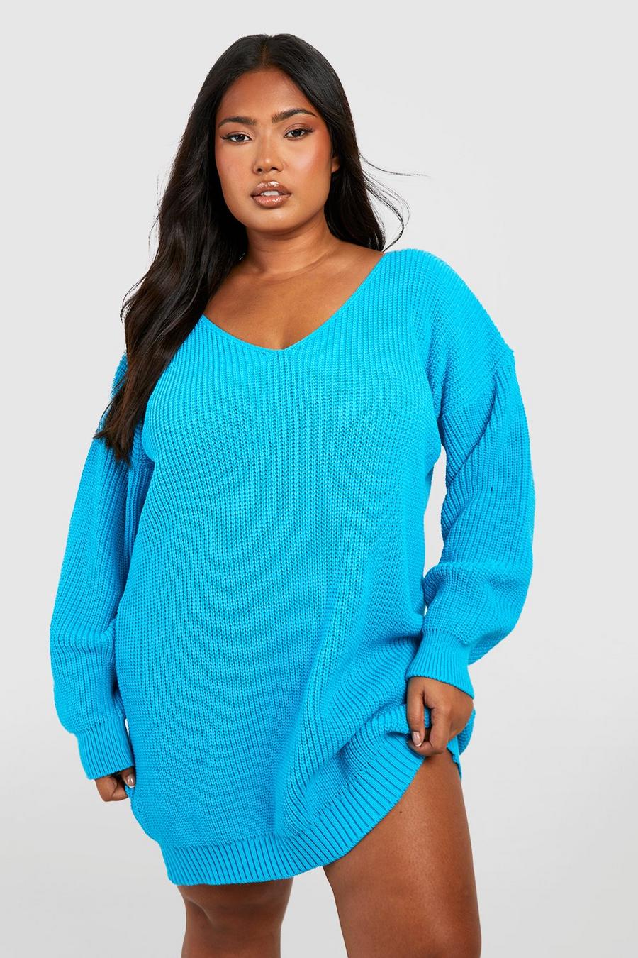 Plus Pulloverkleid mit V-Ausschnitt, Aqua blue