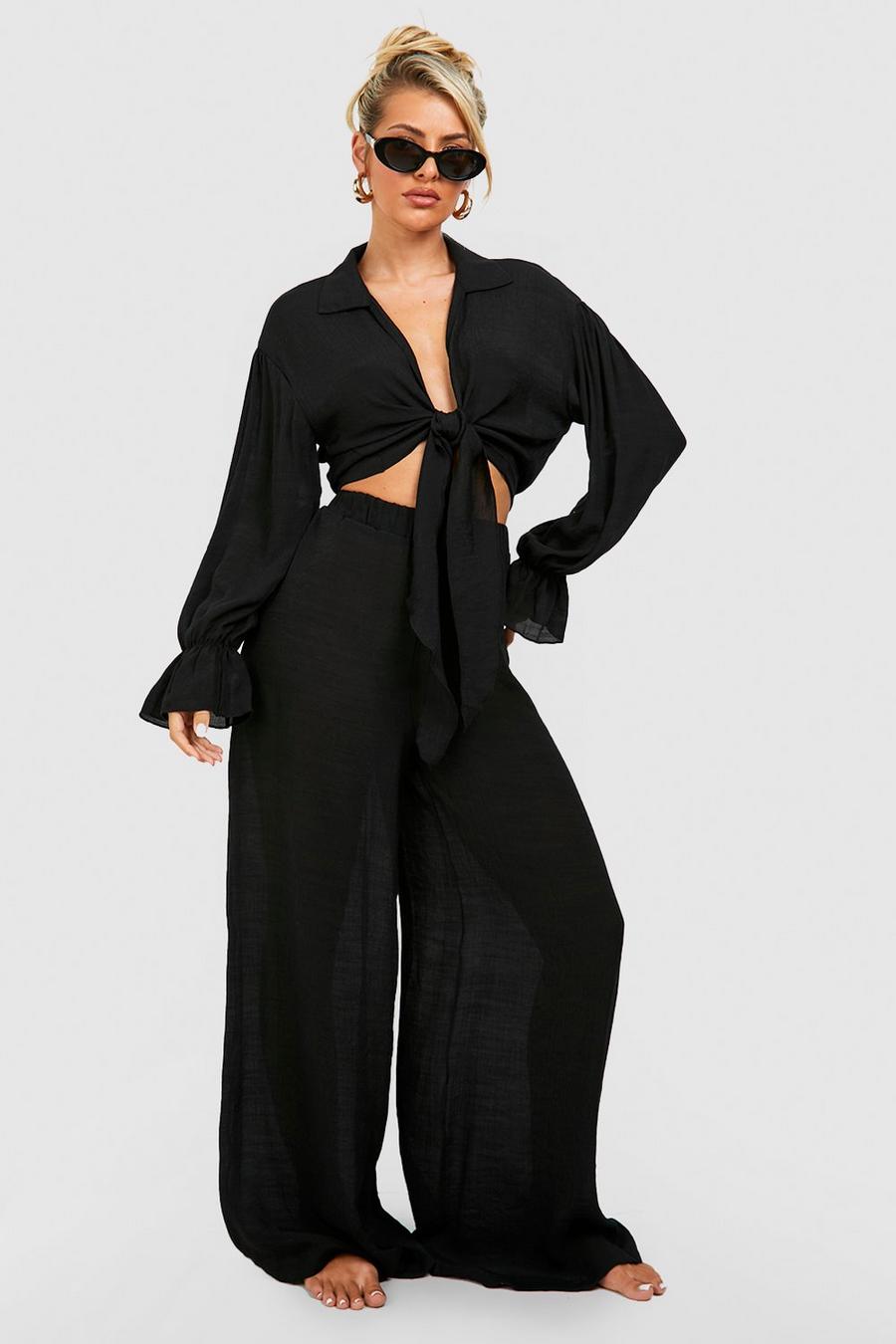 Black Linen Look Palazzo Wide Leg Beach Trousers image number 1