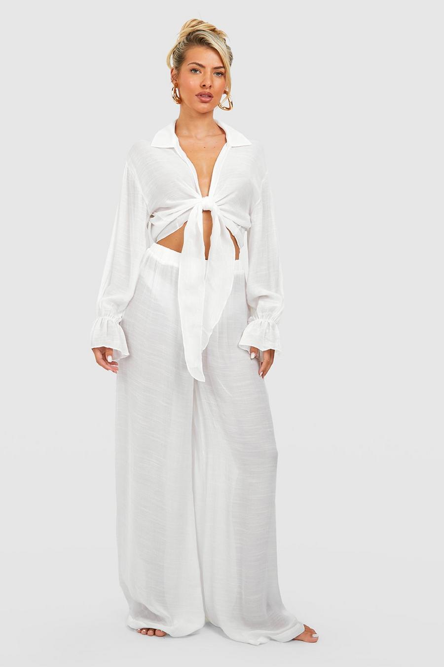 White Linen Look Palazzo Wide Leg Beach Pants image number 1