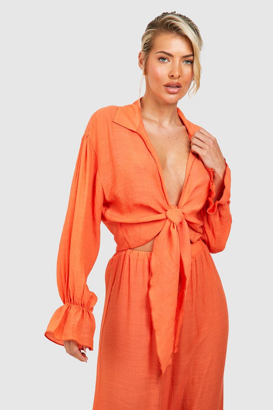 Orange Strandskjorta i linnetyg med knytdetalj image number 1