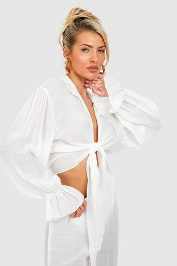 Linen Look Tie Front Beach Shirt white