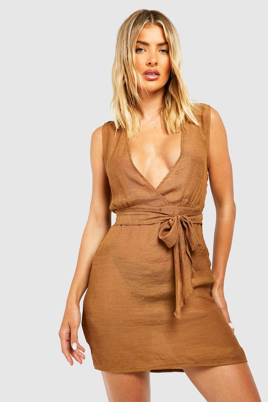 Chocolate marrón Linen Look Belted Beach Dress