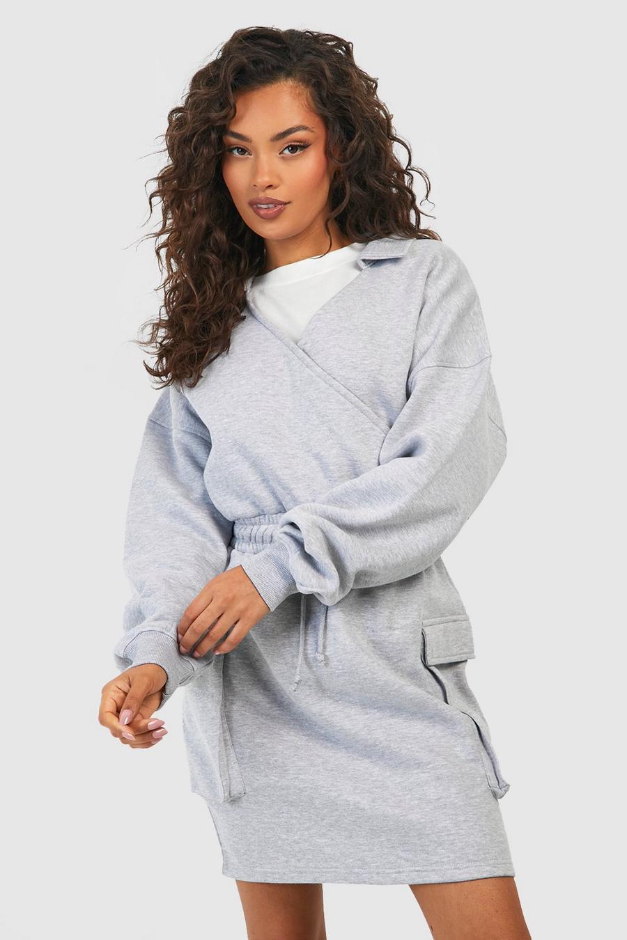Sweatshirt-Wickelkleid mit Cargo-Taschen und Bindegürtel, Grey marl image number 1