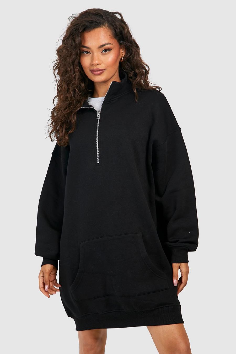 Black High Neck 1/2 Zip Fitted Sweat Dress image number 1