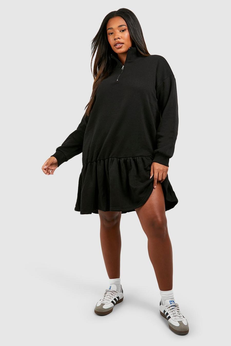 Black Plus Frill Hem Half Zip Sweater Dress