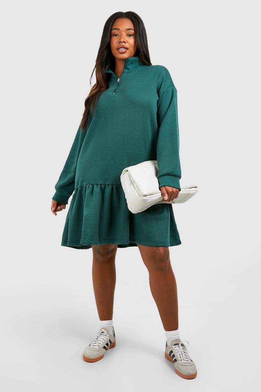 Forest green Plus Frill Hem Half Zip Sweater Dress