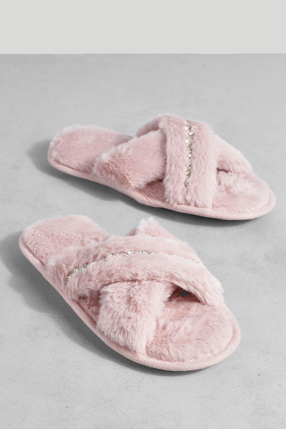 Women s Diamante Detail Cross Front Faux Fur Slipper Boohoo UK