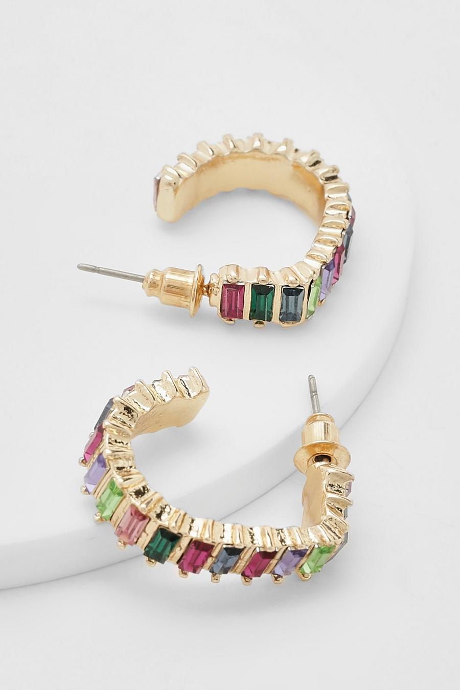 Gold Rainbow Rhinestone Mini Hoop Earrings image number 1